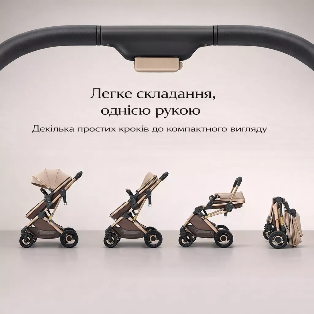 Инфографика складывания коляски-трансформера 2 в 1 бежевой HH-00000010 одной рукой